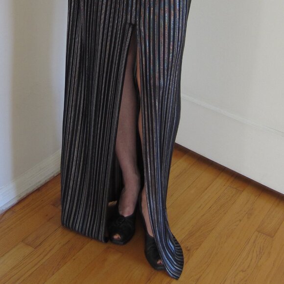 L’agence Maxi Dress S Black Metalic Shiny Open V Neck Neck Leg Slit Classy Glam - Picture 6 of 15